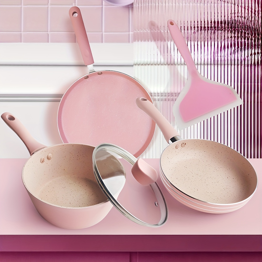 Rosa Mini-Kochtopf-Set für 1 Person, 4-teiliges Set mit flachem * Eierbratpfanne, Silikonspatel, Suppentopf, Milchtopf, Rosa Thema, Restaurant, Pfannkuchenpfanne, Crêpepfanne