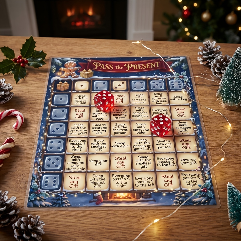 TEMU Christmas "gift Exchange Dice Game", Christmas Gift Exchange Dice Game Paper, Retro Christmas Atmosphere Printed Design, With Dice Grid Pattern,