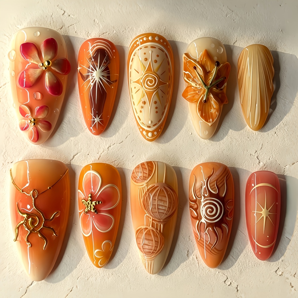 TEMU 10pcs Handmade Long Almond Press- Nails Suitable For - Warm Orange Gradient Golden Floral & Retro Lantern Sun Relief Nail Art With Glue-dipped