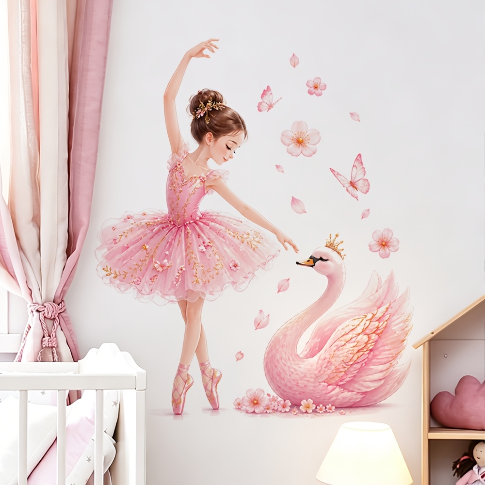 Ballerina Swan Wall Sticker Pink Romantic Decorative Mural Bedroom Dance Room Background Wall Sticker