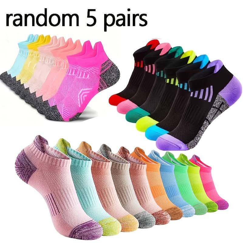 Random 5 Pairs Women's Athletic Short Socks, Soft And Comfortable, Suitable For Outdoor, Running