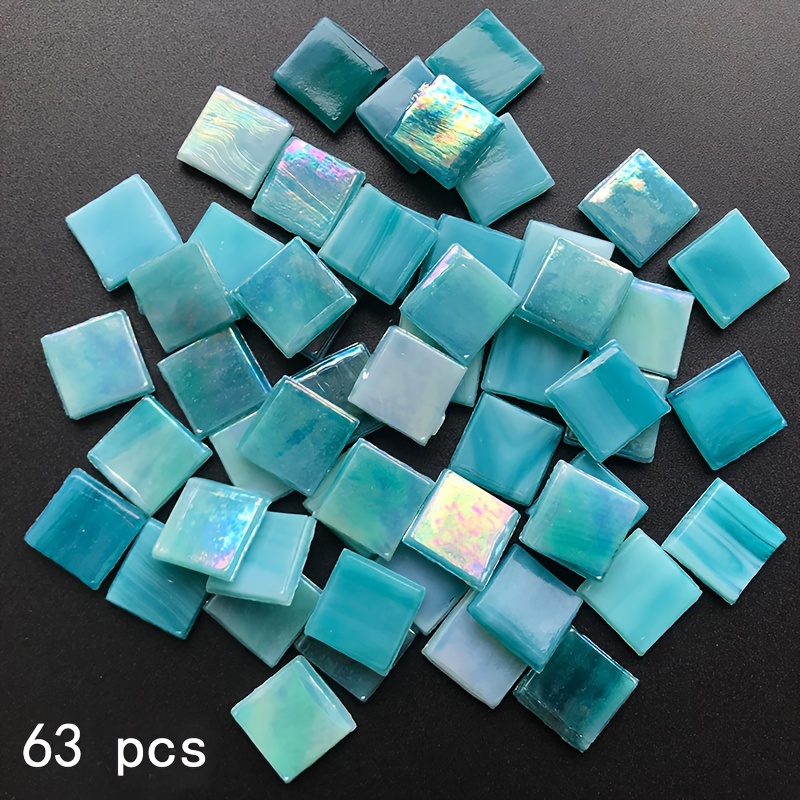 Image of 63pcs Lake Green Iridescent Glass Mosaic Tiles - 0.591" Glossy Diy Craft Squares For Creative Decor, Lampshades, Coasters, And Art Projects