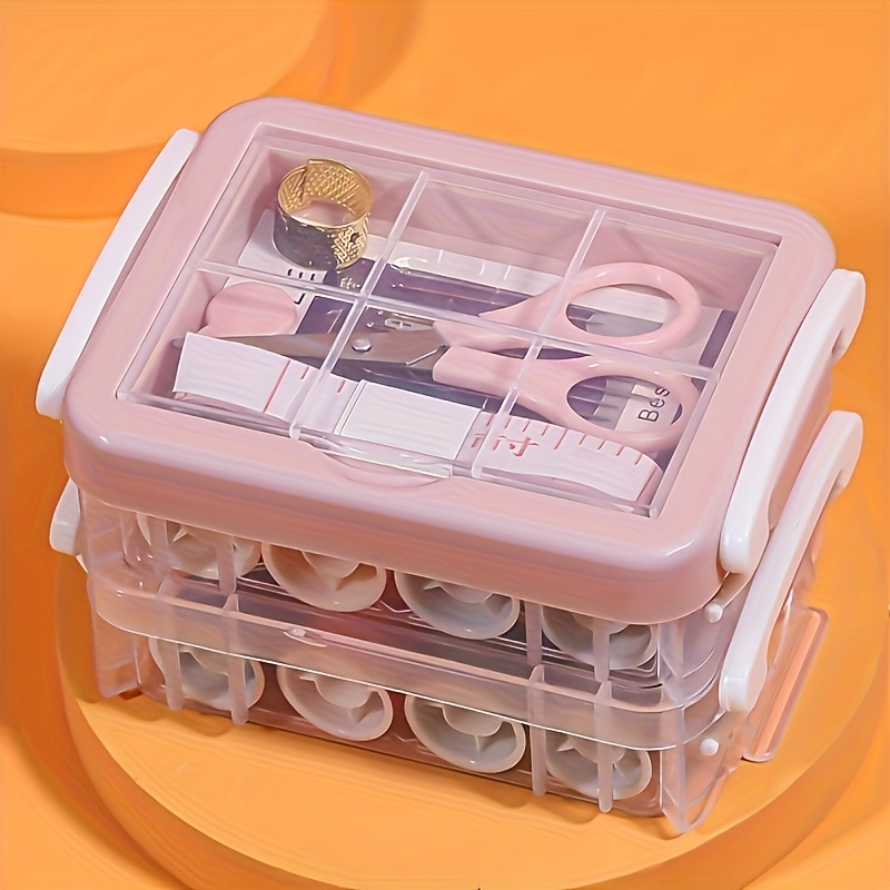 

Portable 3-layer Sewing Kit In Vibrant Pink With Clear Organizer Box - Includes Mini Scissors, Buttons, Thread & More - Ideal For All Crafting Needs