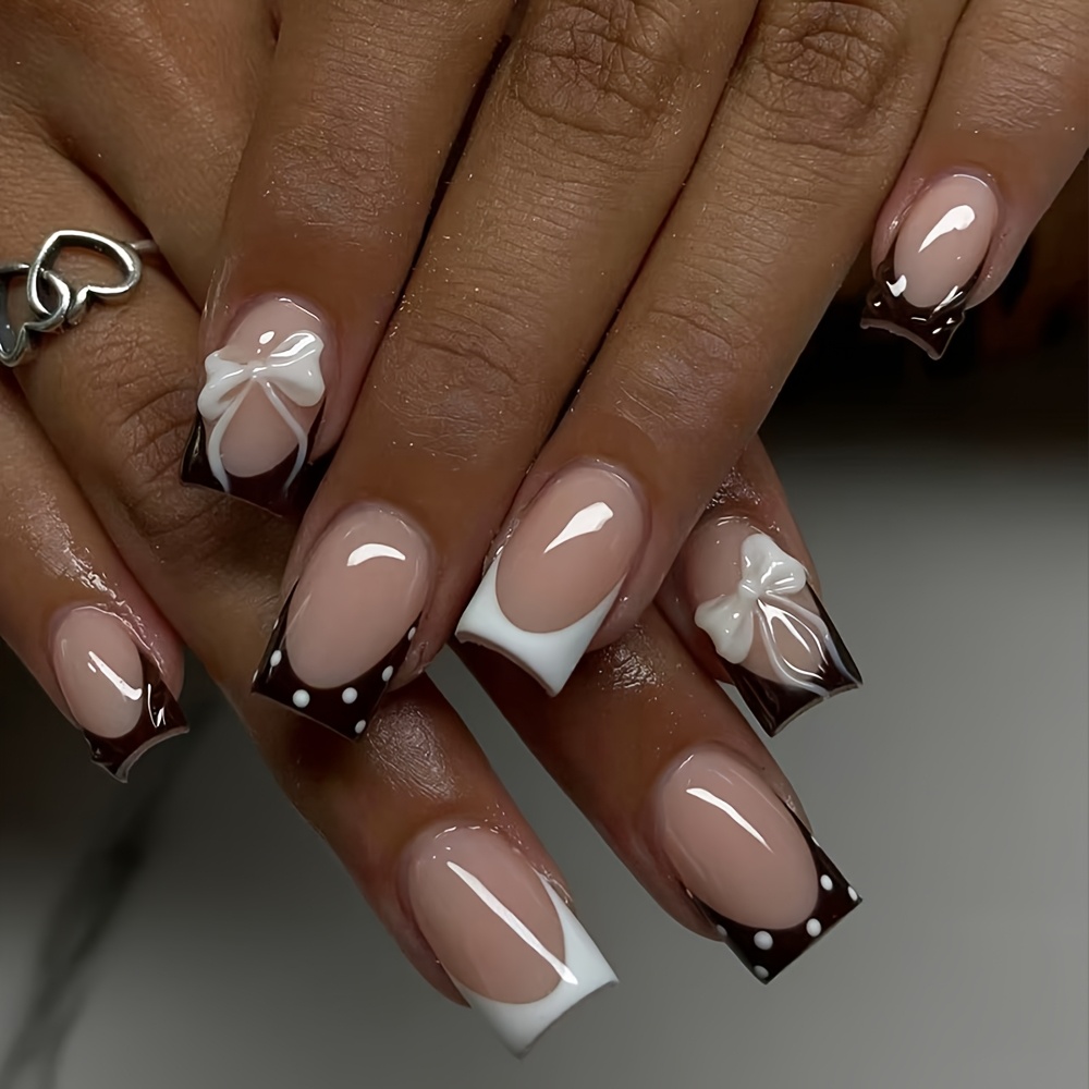 TEMU 24pcs Medium Square Press-on Nails, Nude Base White And Black Tip Fake Nails, White Polka Dot Border And Cute White Bow Decor, Sweet Vintage