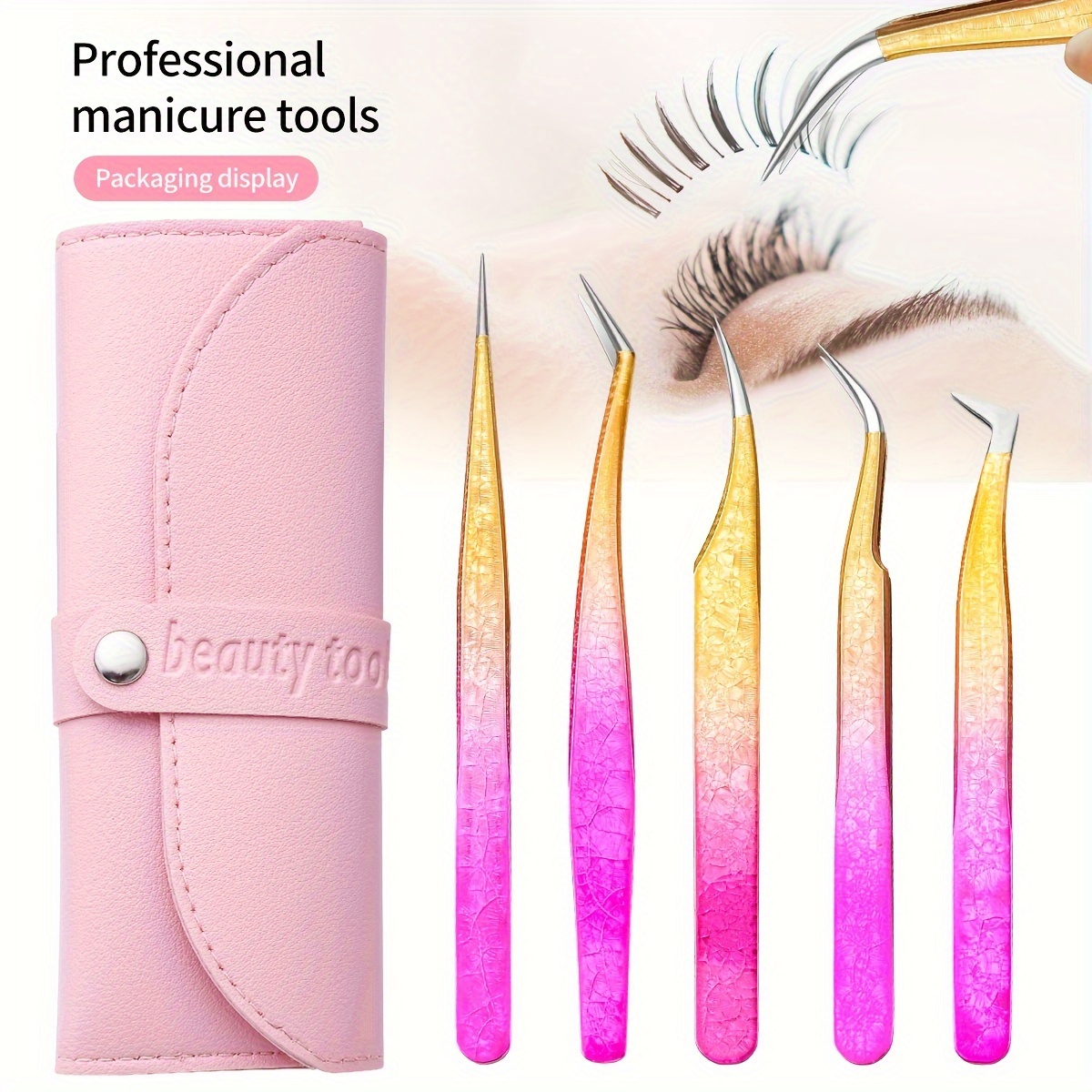 

5pcs Eyelash Extension Tweezers Set - Stainless Steel, Precision Pointed Tips For Volume & Length Enhancements, Includes Carrying Case