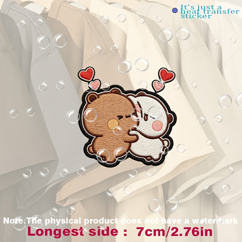 TEMU Adorable Bear And White Fluffy Cat Hugging, With Cute And Hearts, On A, Heat Transfer Stickers Are Suitable For Flat Fabrics Such , Hats, Canvas