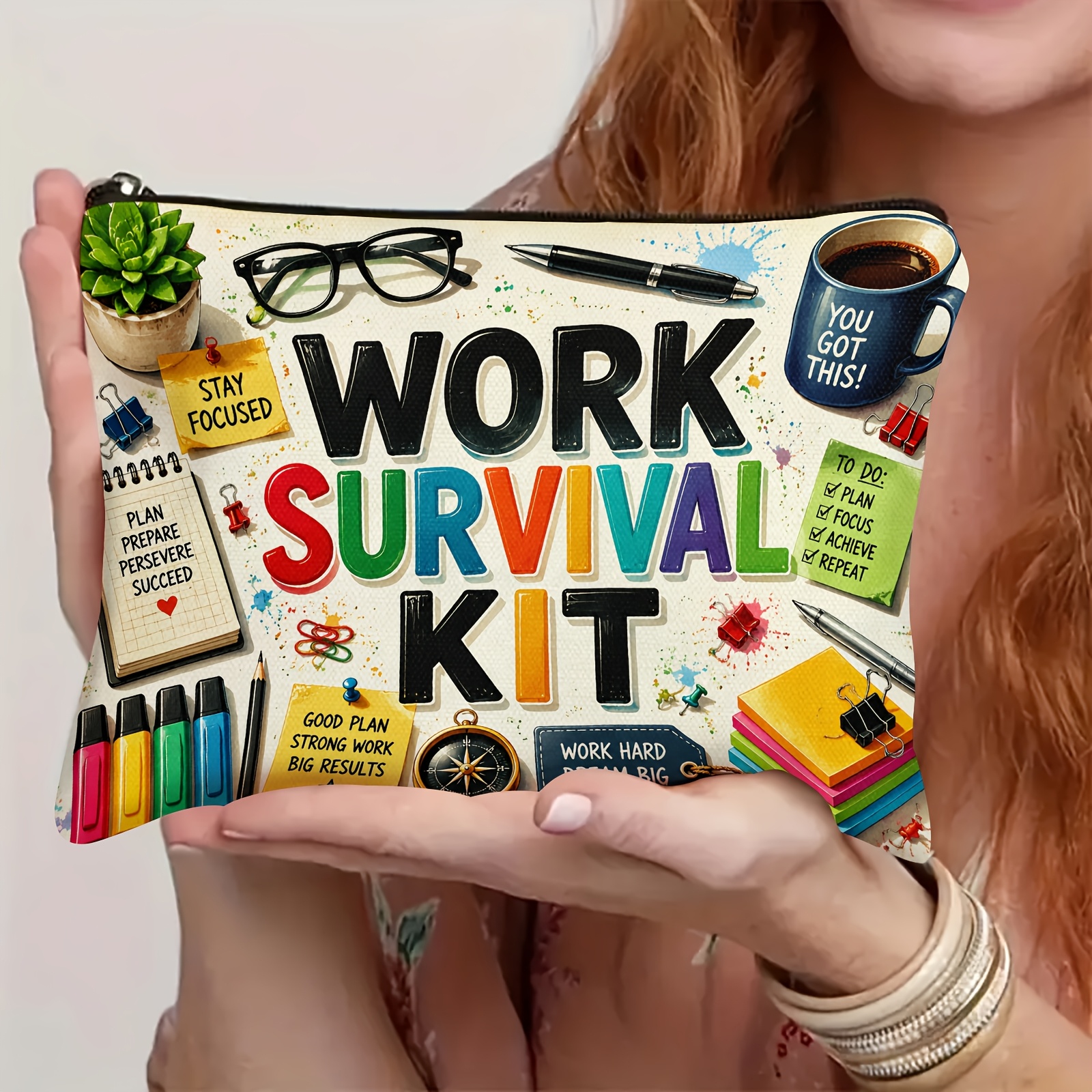 TEMU This Work Survival Makeup Bag Is A Lightweight And Portable Toiletries Organizer, Prominently Labeled "work Survival Set." Suitable For Travel