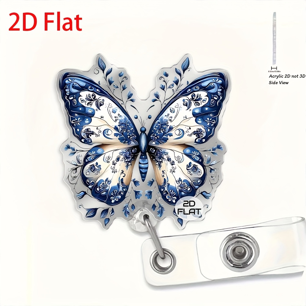 TEMU 2d 2d Flat Stylish Blue And White Porcelain Enamel Pattern Retractable Badge Holder, Durable, Suitable For Office Nurses, Students, Doctors,