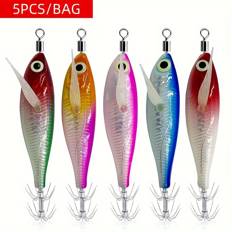 

5pcs Squid Jigging Shrimp Lures - 5.6g Floating Egi Baits With Sharp Hooks For Night Fishing, Stainless Steel & Plastic