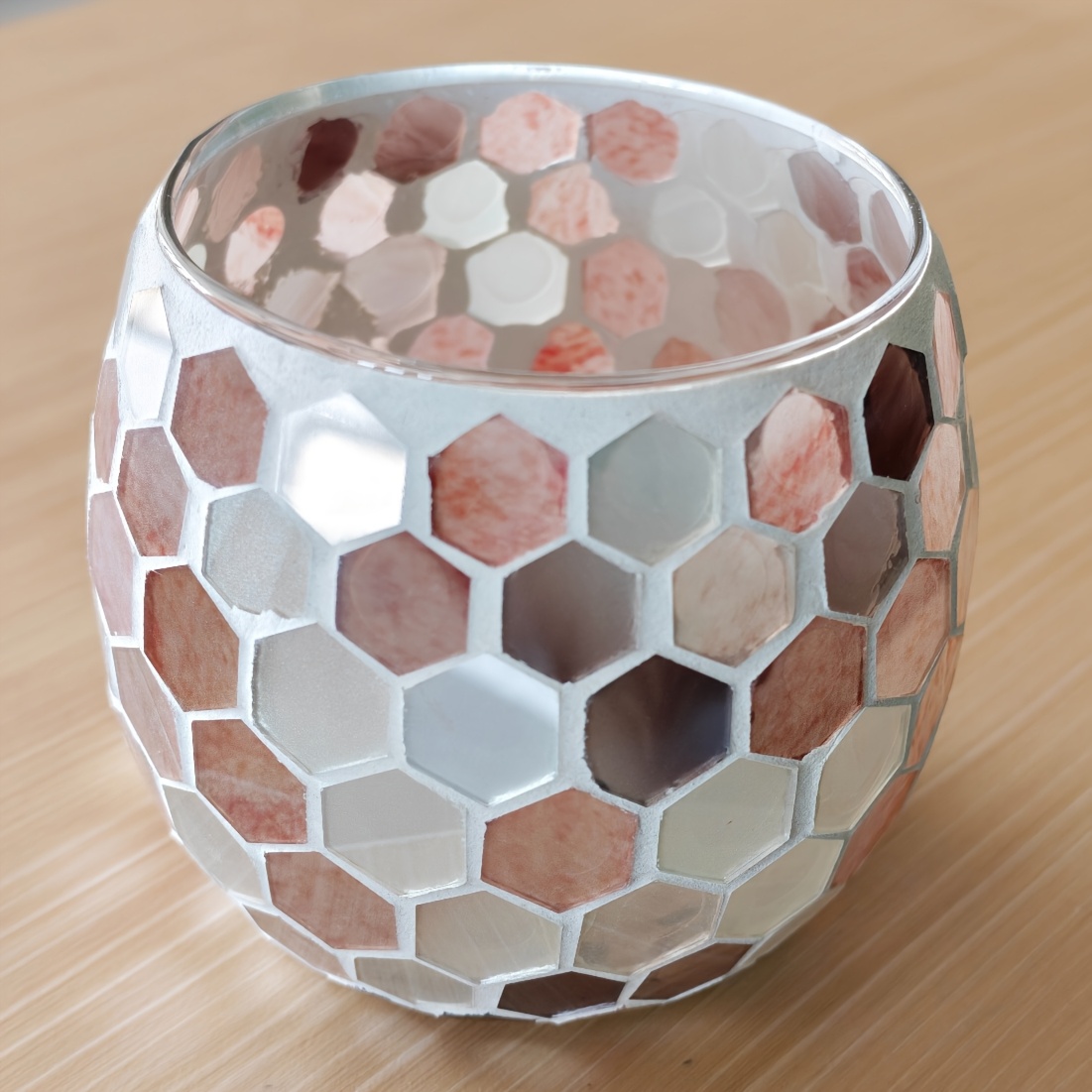TEMU 1pc Handmade Honeycomb Hexagon Mosaic Glass Vessel, Dual-use Decorative Candle Holder & Succulent Planter, Boho Art Table Decor For Home, Office