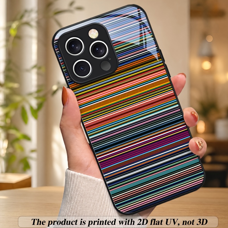 TEMU Phone Case: Tempered Glass Phone Case With Colorful Striped Abstract Pattern For Iphone 17/16/15/14/13/12/ Pro Max 16e/17air, With Camera