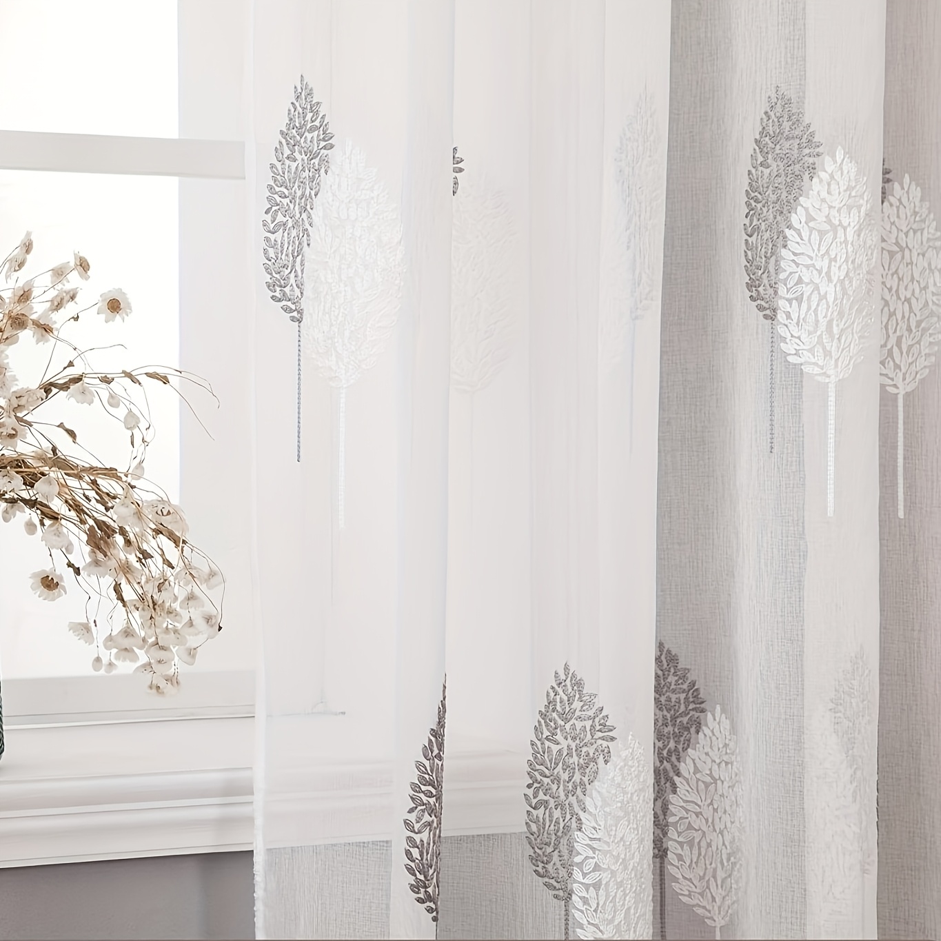 2pcs Panel Sheer Curtains Gray And White Embroidered Leaves Sheer Curtains Elegant Rod Pocket Panels/curtains/bedroom Living Room