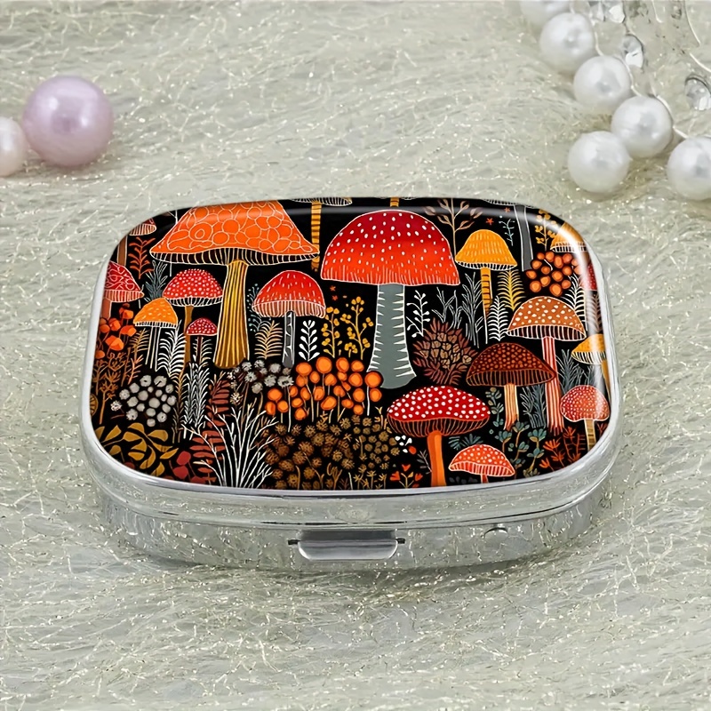 

1pc Mushroom Pattern Portable Pill Case, 2.2in X 1.6in Compact 2-compartment Medicine Organizer, Rectangular Decorative Vitamin Box, Ideal For Pocket, Purse & Travel, Health Gift Accessory