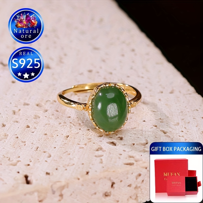 S925 Silver Green Natural Stone Adjustable Open Ring in Gift Box