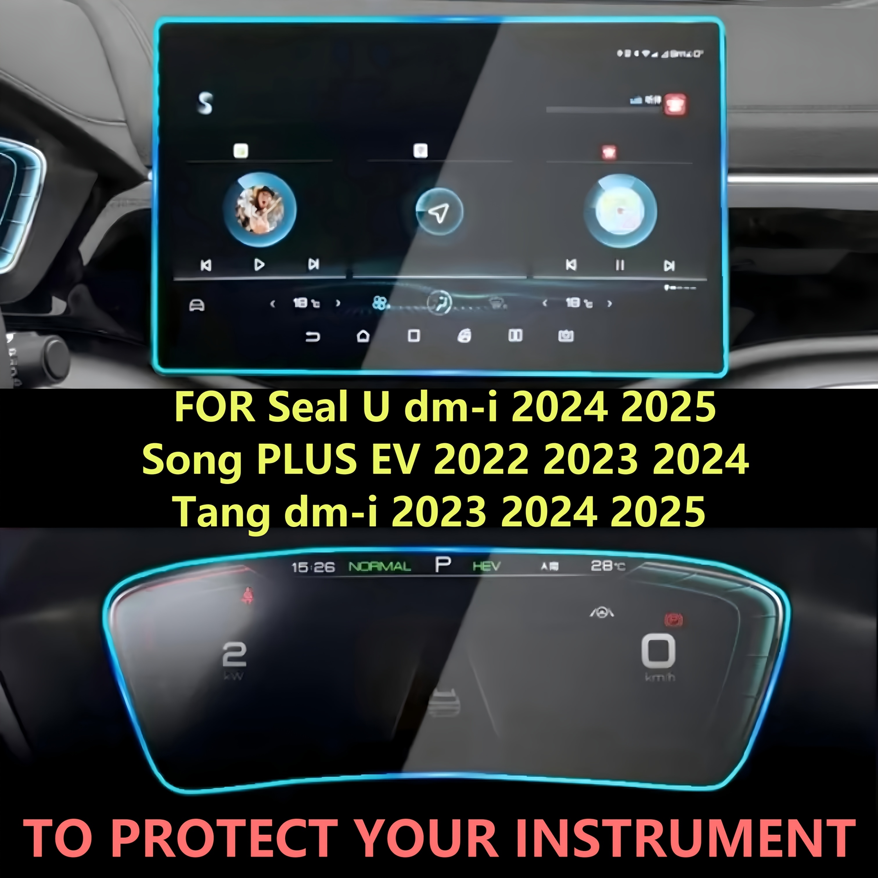 E-shop 2 Stück/1 Set für U 2024 2025, Song PLUS EV 2022 2023 2024, Tang 2023 2024 2025 15.5.6-Zoll Zentraler Armaturenbrett-Schutzfolie und