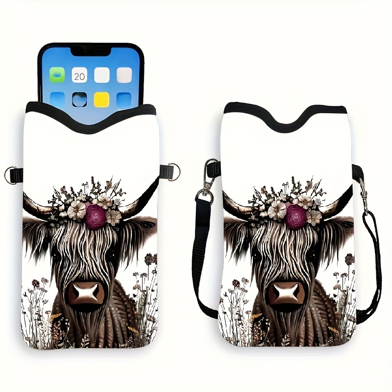 

Chic Highland Cow Print Leather Phone Pouch - Waterproof, Shockproof With Adjustable Lanyard, Compatible With Multiple Models