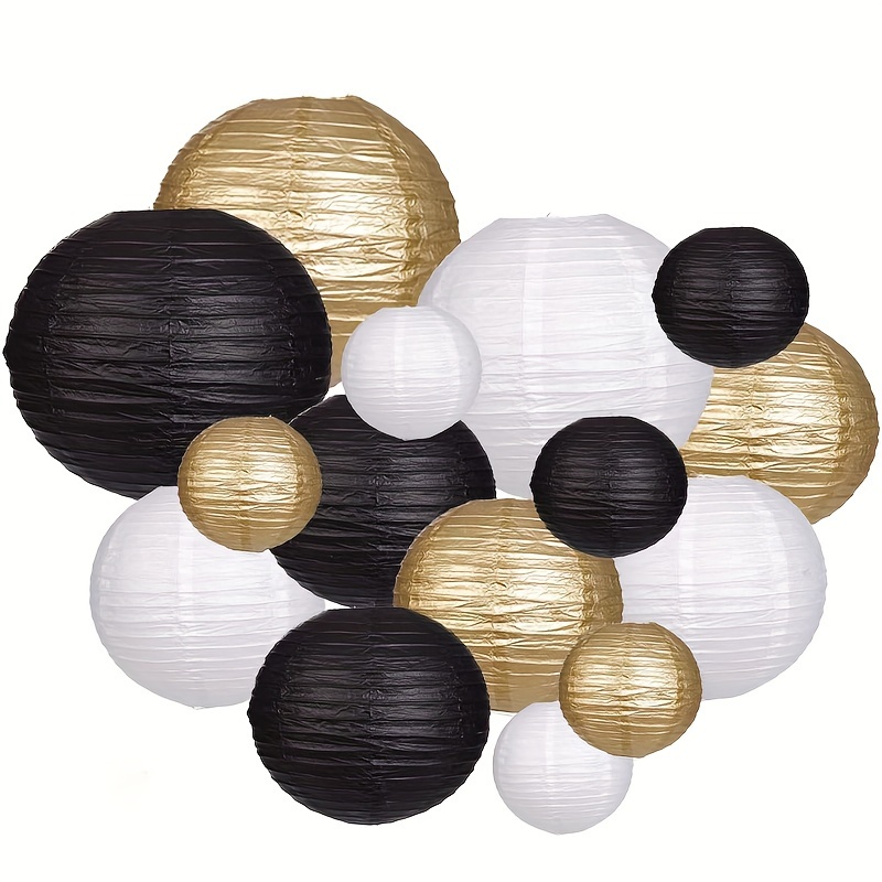 

15pcs Elegant Paper Lantern Set In Black, Golden & White - Weddings, Bridal Showers, Parties & Home Decor - Includes 25cm/20cm/15cm Sizes