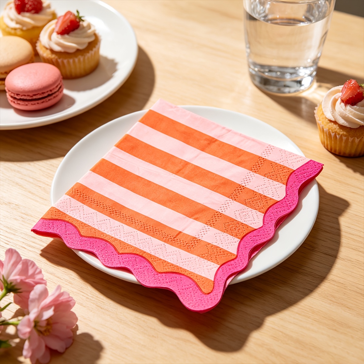 TEMU 40pcs Pink And Orange Contrast Striped Scalloped Edge Disposable Napkins, 2-ply, 9.84×9.84 Inches, Suitable For Girls' Birthday Parties, Bestie