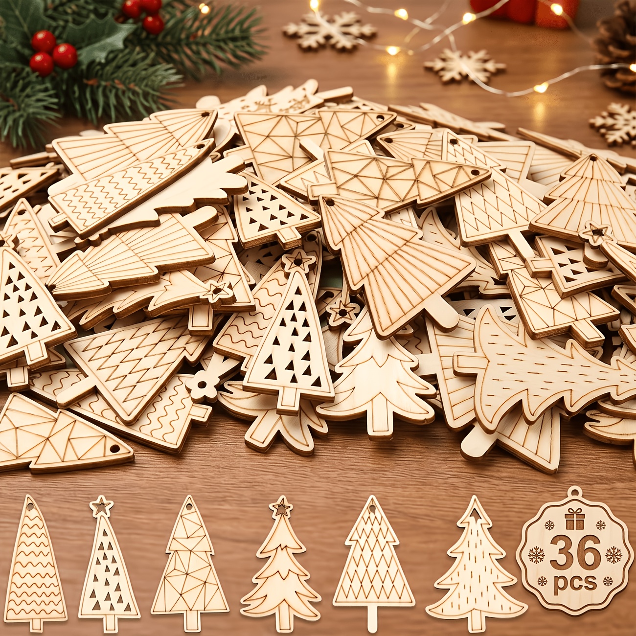 TEMU Ensemble de 36 ornements de sapin de Noël, avec divers sculptés au trait. Chaque pièce possède un trou de suspension pré-percé pour une