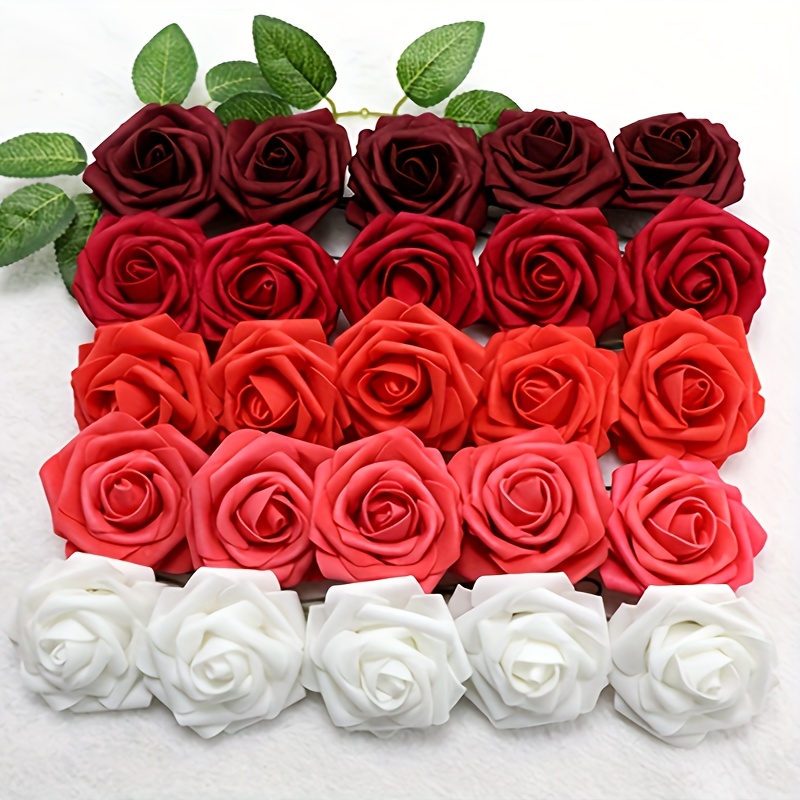 25 Artificial Foam Roses With Stems And 2 Leaves, Perfect For Bridal Bouquets, Wedding Decorations, And Home Holiday Embellishments
