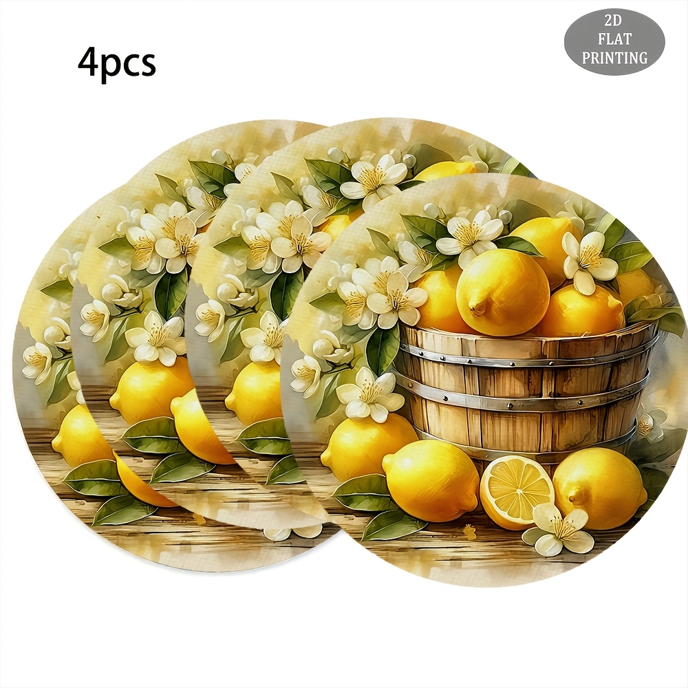 TEMU 4pcs Linen Round Placemats Suitable For Table Decor, Reusable Lemon Flower Basket Table Mats With Lemon & Basket Pattern, Machine Washable