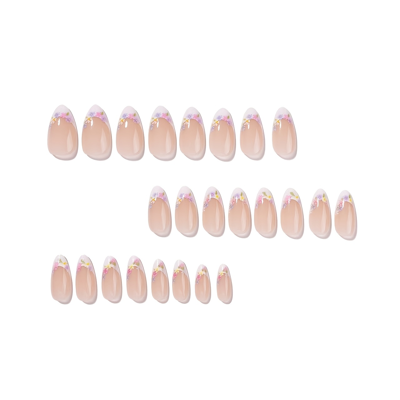 TEMU 24pcs French Tip Floral Press- Nails Suitable For , Almond Shape Medium Length Fake Nails With Spring , Machine Spray Transfer Nail Plates For