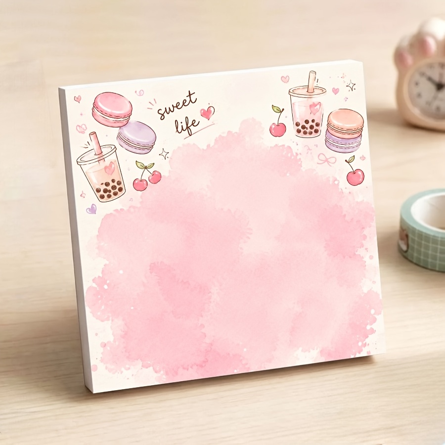 TEMU Carnet à notes Kawaii Boba Tea et Macaron Non Collant, Carnet de Notes à Détacher en Aquarelle Rose, Papier à Écrire Vierge "Sweet Life" pour