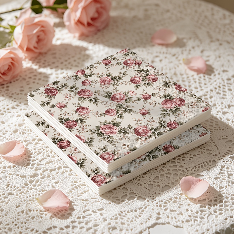 TEMU 20pcs Napkins Suitable For Weddings, Parties, Picnics - Elegant Rose Floral Print With Embossed Edges, Double-layer Thickened Paper Napkins For