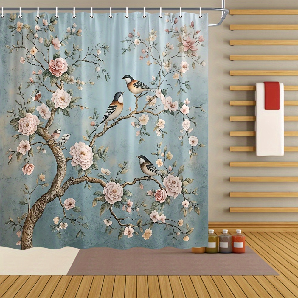 

Floral And Bird Shower Curtain Plant Pink Floral Decor Bathroom Curtain Polyester Outdoor Yard Decor Cloth