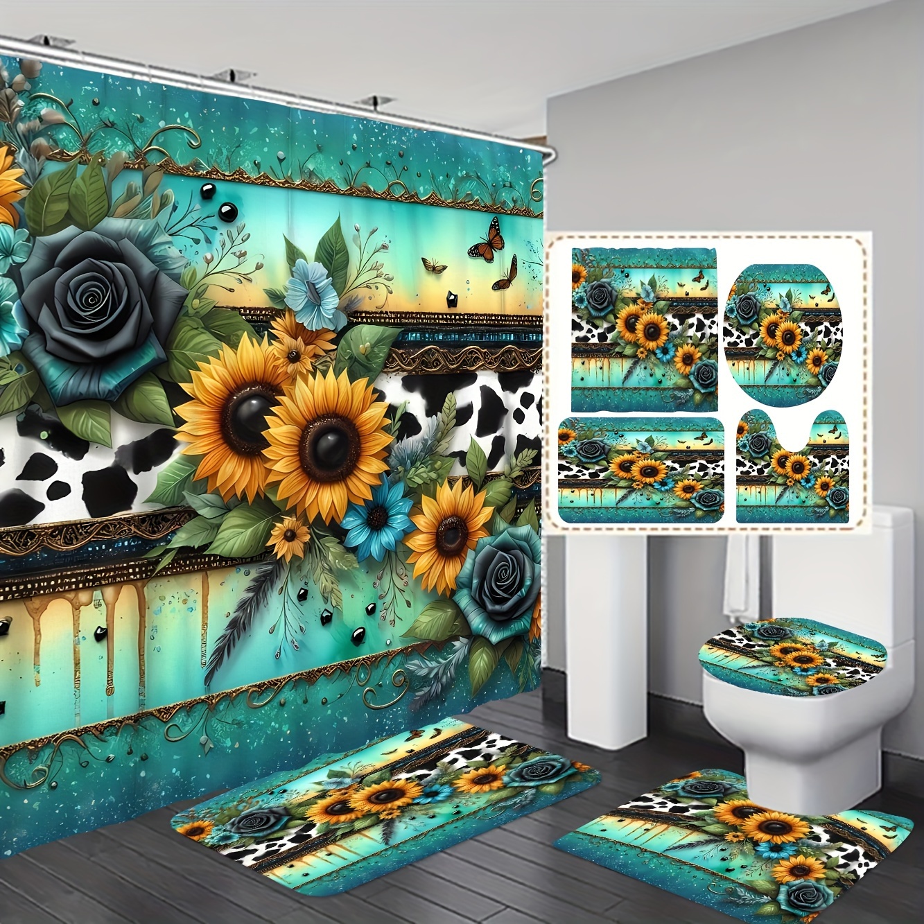 

1pc/3pcs/4pcs Blue Striped Background Rose Sunflower Style Bathroom Set Including Shower Curtain -piece Set Four-piece Set