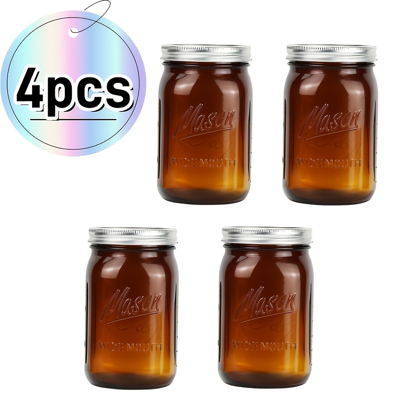 TEMU 2/4pcs Amber Glass Mason Jar,with A Capacity Of Approximately 32oz. Featuring A Wide Mouth And Sealing Lid.high- Mason Bottle Designed For