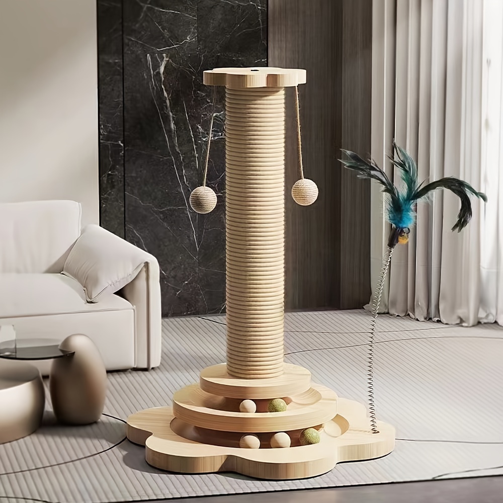 

Solid Wood Cat Scratching Post With Interactive Balls And Teaser Toy - Odorless Durable Scratch Pillar For Cats