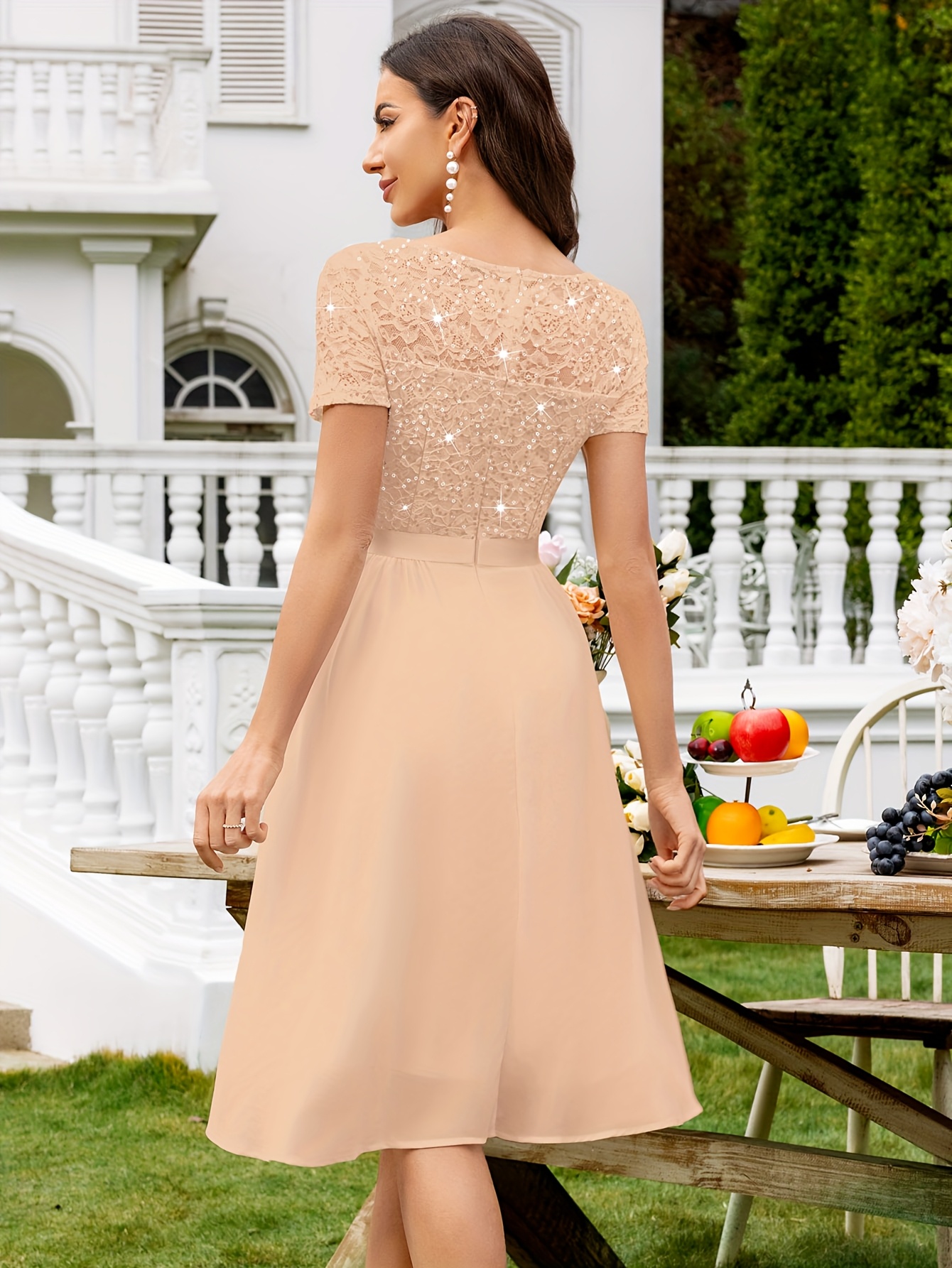 womens elegant v neck floral lace sequin contrast chiffon - Temu Belgium