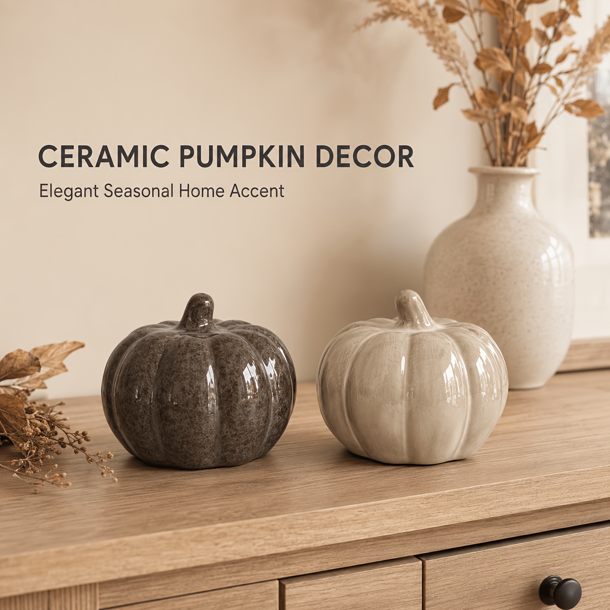 2pcs Glossy Ceramic Pumpkin Decorations for Halloween & Fall