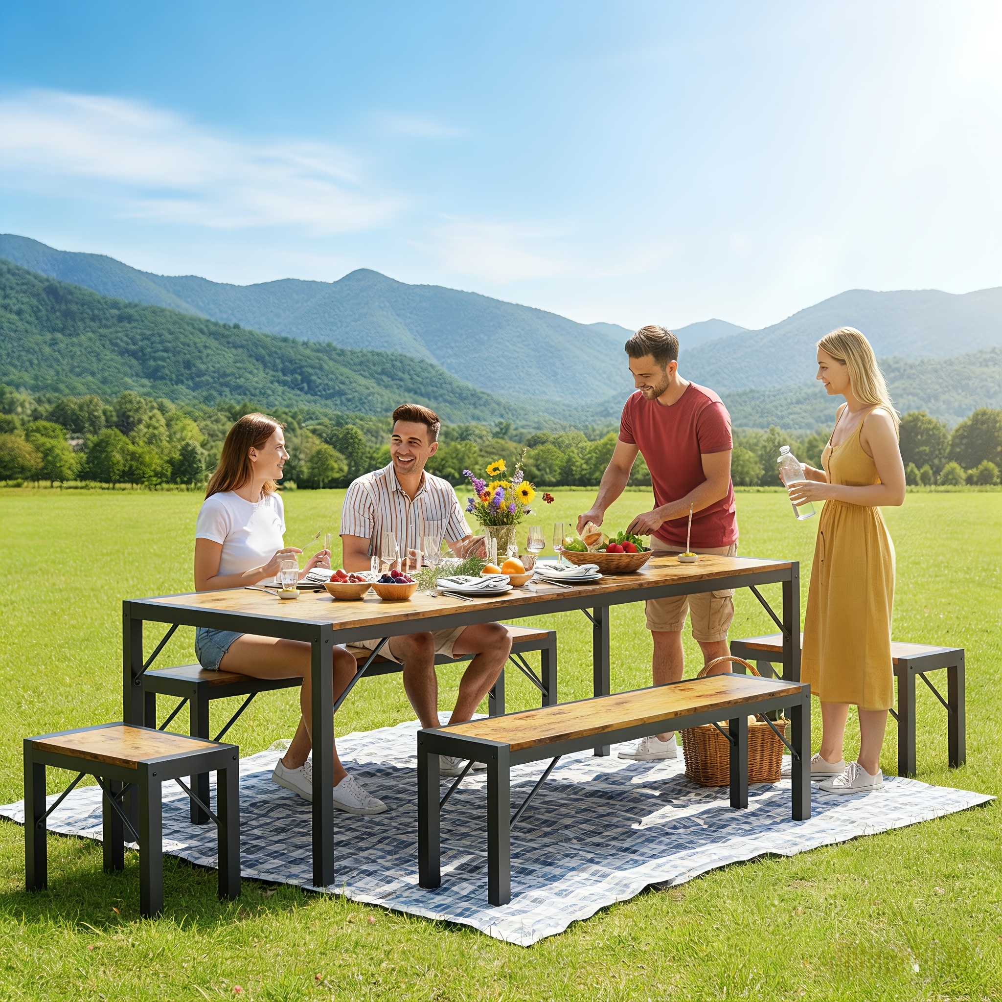 Non-Folding 5pcs Indoor & Outdoor Dining Table Set, 6 Seater Patio Kitchen Table with 2 Benches & 2 Stools, Industrial Space-Saving Set for Picnic, Camping, Backyard