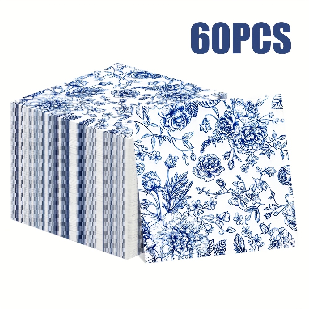 TEMU 60pcs Disposable Napkin Set Blue Floral Print Napkins Suitable For Holiday Party Restaurant Napkins 13 X 13 Inches