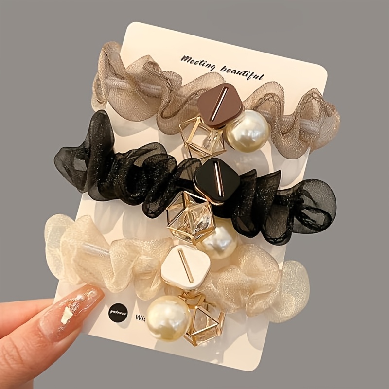 TEMU Set de , moderno y versátil, con cuentas de diamantes de de malla, coleteros de elasticidad, adornos para el cabello, coleta para mujer, moño,