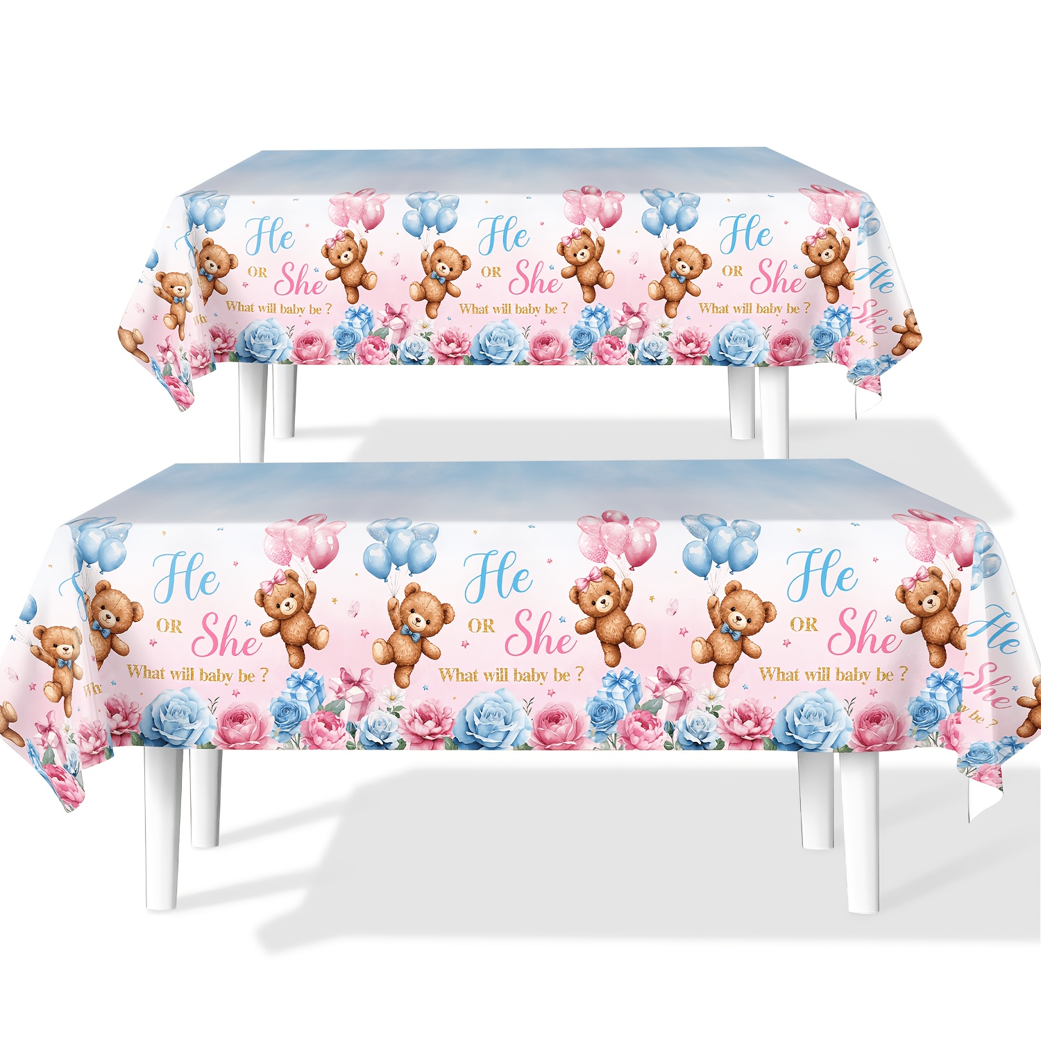 TEMU 2pcs Gender Reveal Party Decorations, Birthday Party Tablecloths, Bear Baby Shower Supplies For Room, Outdoor Table Decorations, Pink And Blue