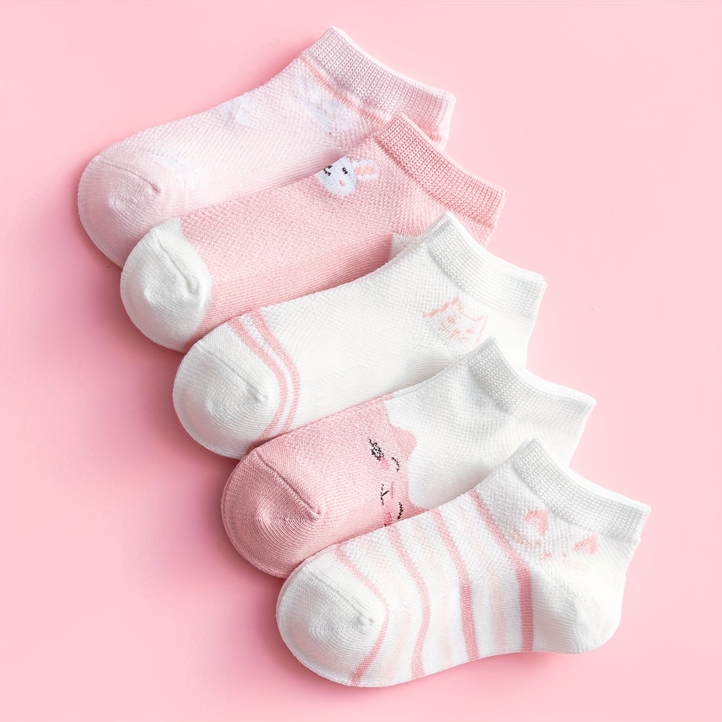 Image of 5 Pairs Of Kids Socks Cute Cartoon Pattern Bunny Socks, Soft And Comfortable Mesh Breathable Ankle Socks, Kids Fashion Socks For Little Girls In