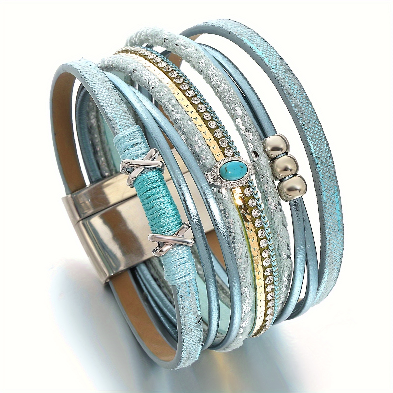TEMU 1pc Retro Classic Multi-layered Leather Women's Bracelet With Blue Stone Rhinestones Pu Leather Jewelry