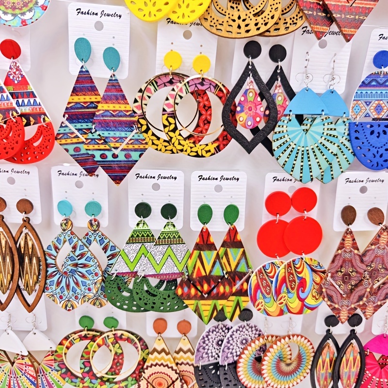 TEMU Mixed Styles Of Wooden Earrings For Women, Fashionable Drop Earrings Made Of Wood, Circular And, For Wholesale