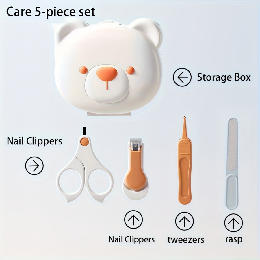 TEMU 5pcs Nail Care Set With A Cartoon Portable Design. Includes Nail Clippers, Nail Tweezers, Nail File, And Storage Box. Features A Rounded Blade