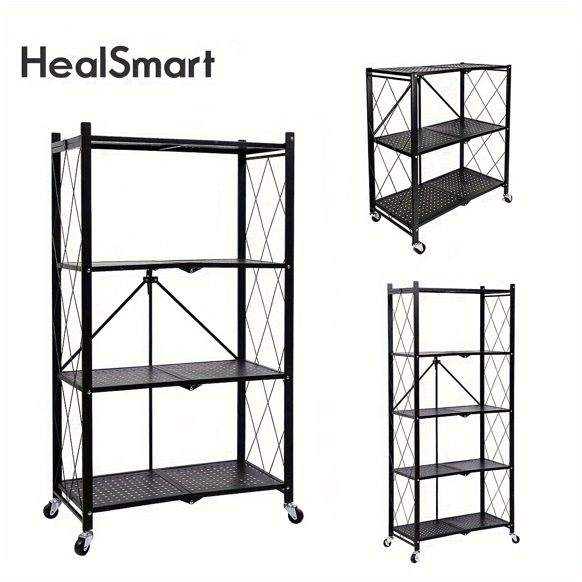 

Healsmart 3/4/5-tier Heavy Duty Foldable Metal Rack Storage Shelving With Wheels Moving Organizer Shelves Great For , Black