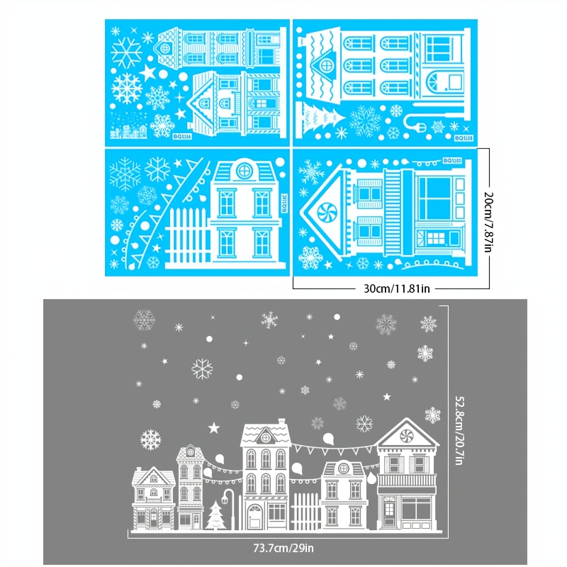 Image of 83pcs Of Winter-themed Glass Static Clings Featuring A Snowy Cottage Town Design, Perfect For Decorating For Windows Panels During Year And Thanksgiving