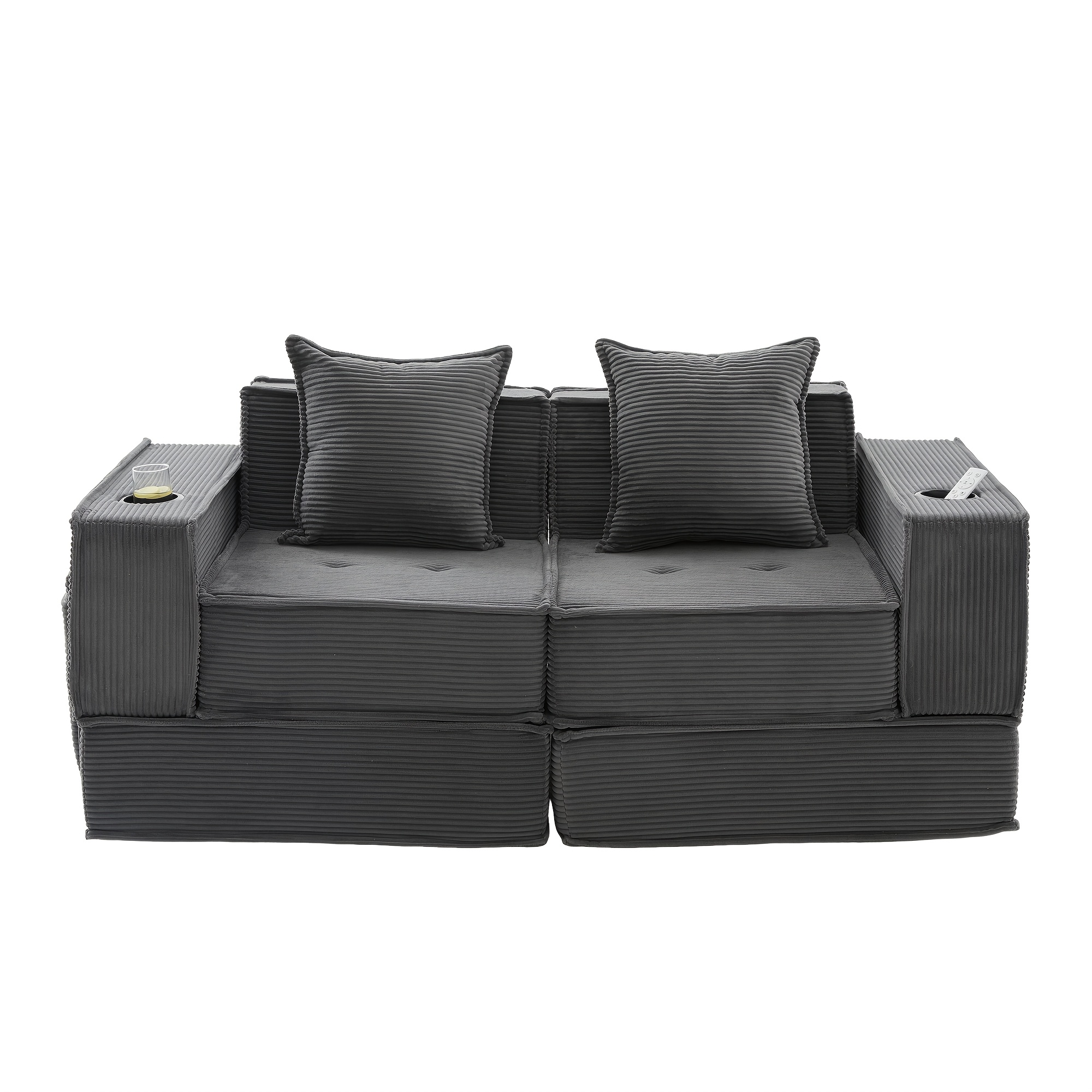 Image of Sofa Bed, Comfortable Double Sofa With 2 Cushions, Accompanied By A Decorative Ottoman With Side Storage And Cup Holder, Suitable For Living Room, Bedroom, And Study