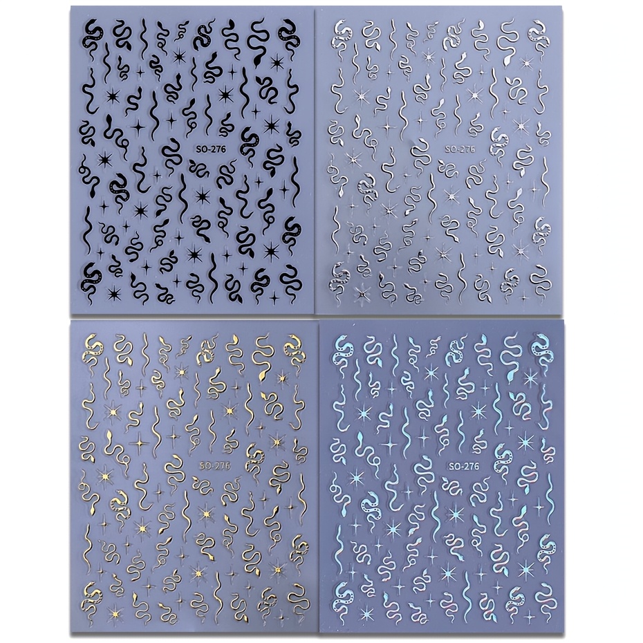 Image of 4pcs Snake Print Nail Stickers - Dark Little Snake Starburst Sun Y2k Nail Decals - Easy To Apply - Suitable For Nail Design - So-276 Black Golden Silvery Holographic Silvery