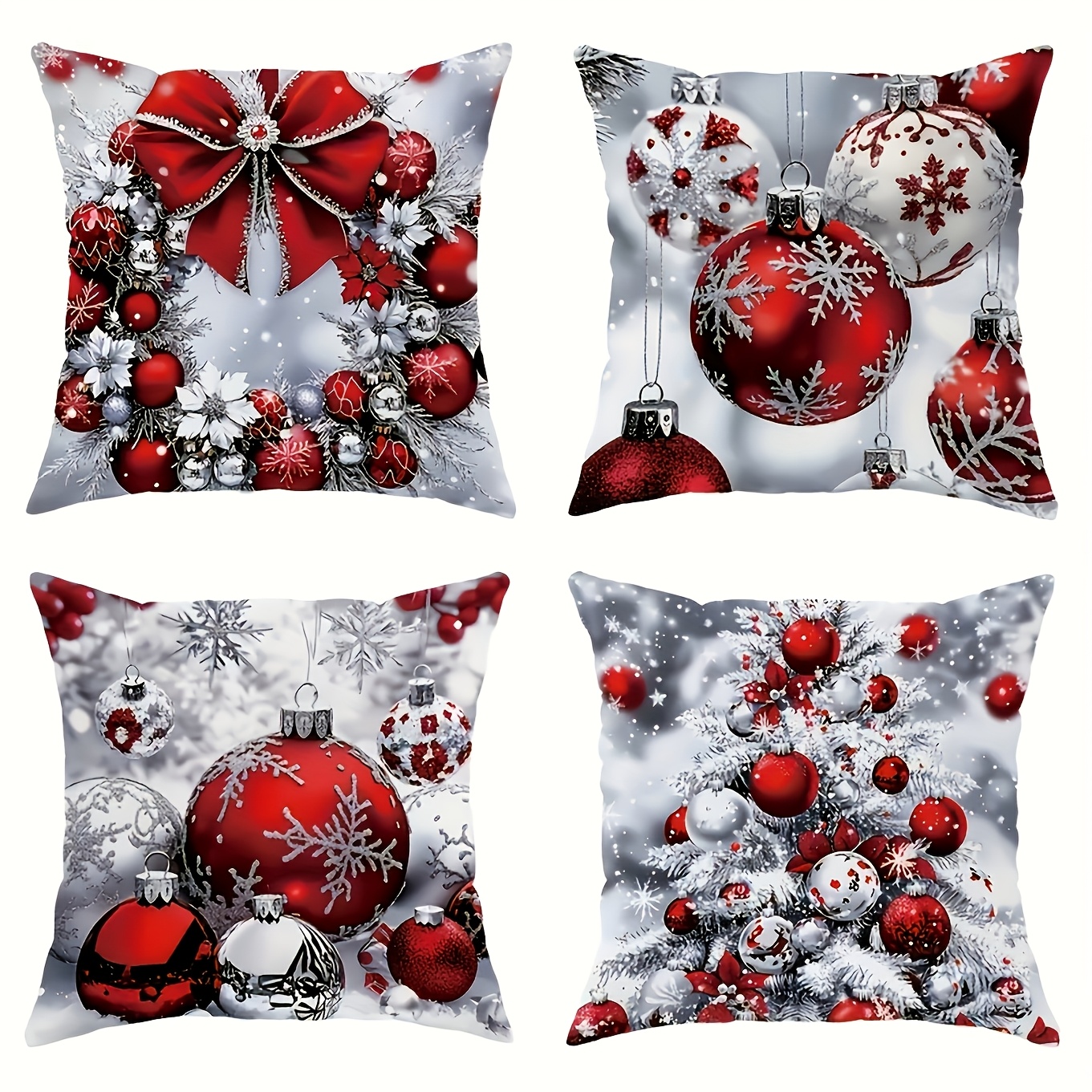 TEMU 4pcs Christmas Pillowcases, , Festive Red And Silvery Spherical Wreath Tree Pattern, Zippered Polyester Decorative Pillow Covers In 3 Sizes -