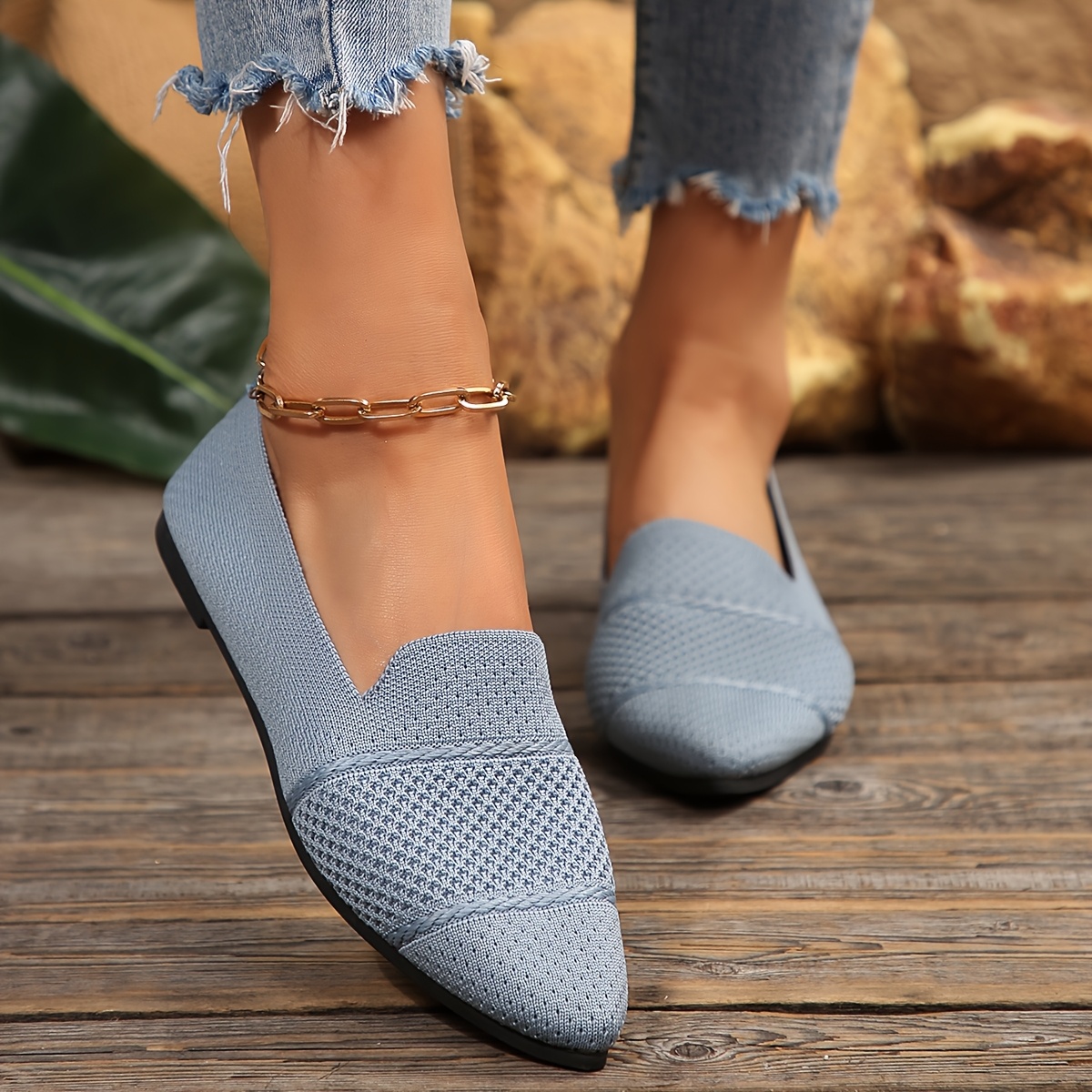 Elegant Ballet Flat Shoes For Women, Slip-On Breathable Soft Sole Daily Knitted Ballets, Point Toe Daily Wear