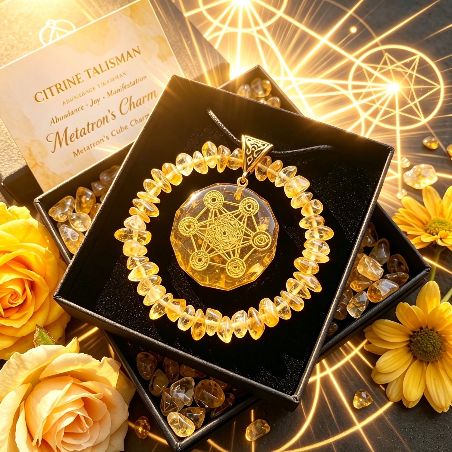 TEMU 3pcs Bohemian Style Citrine Symbol Amulet Pendant And Jewelry Gift Box Set, Pendant With Natural Citrine Crushed Stone Bracelet. Symbolizing ,