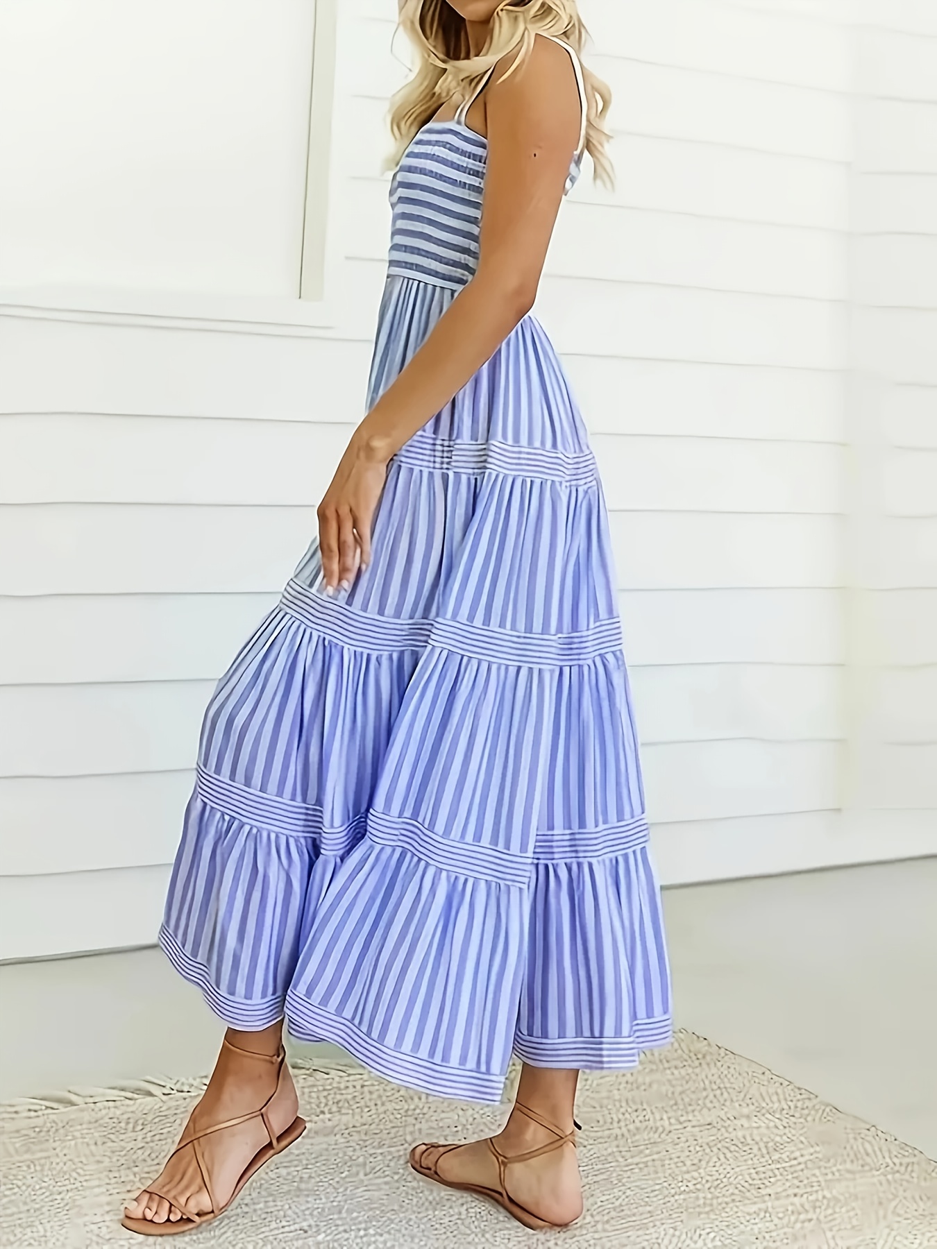 womens blue white striped sleeveless maxi dress vacation - Temu Mauritius